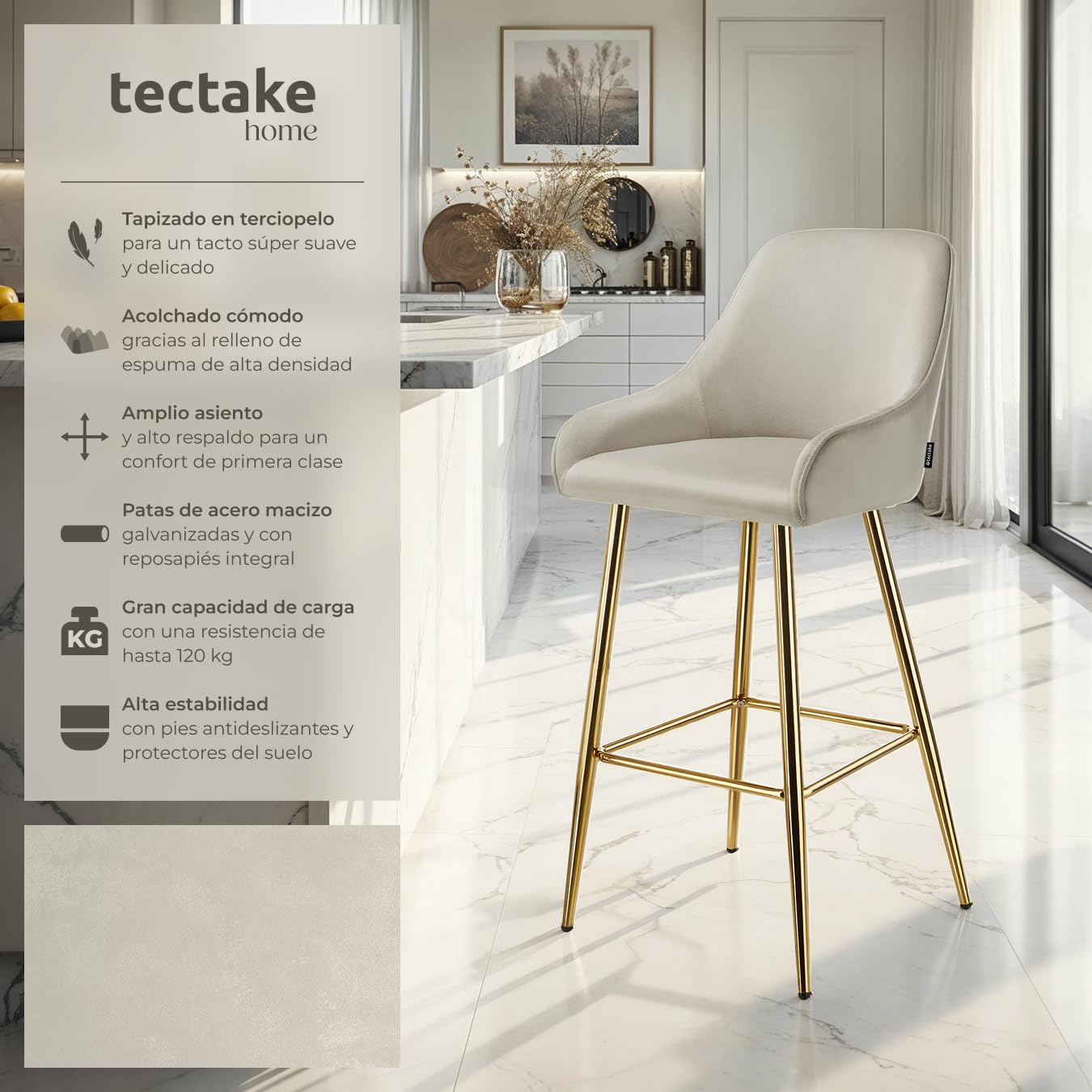 tectake® Taburete Alto con Respaldo, Acolchado, Terciopelo Suave, Patas Acero Galvanizado, Pies Antideslizantes, Altura Ajustable, Carga Máx: 120 kg, Silla Cocina o Bar - 2 sillas Crema/Oro