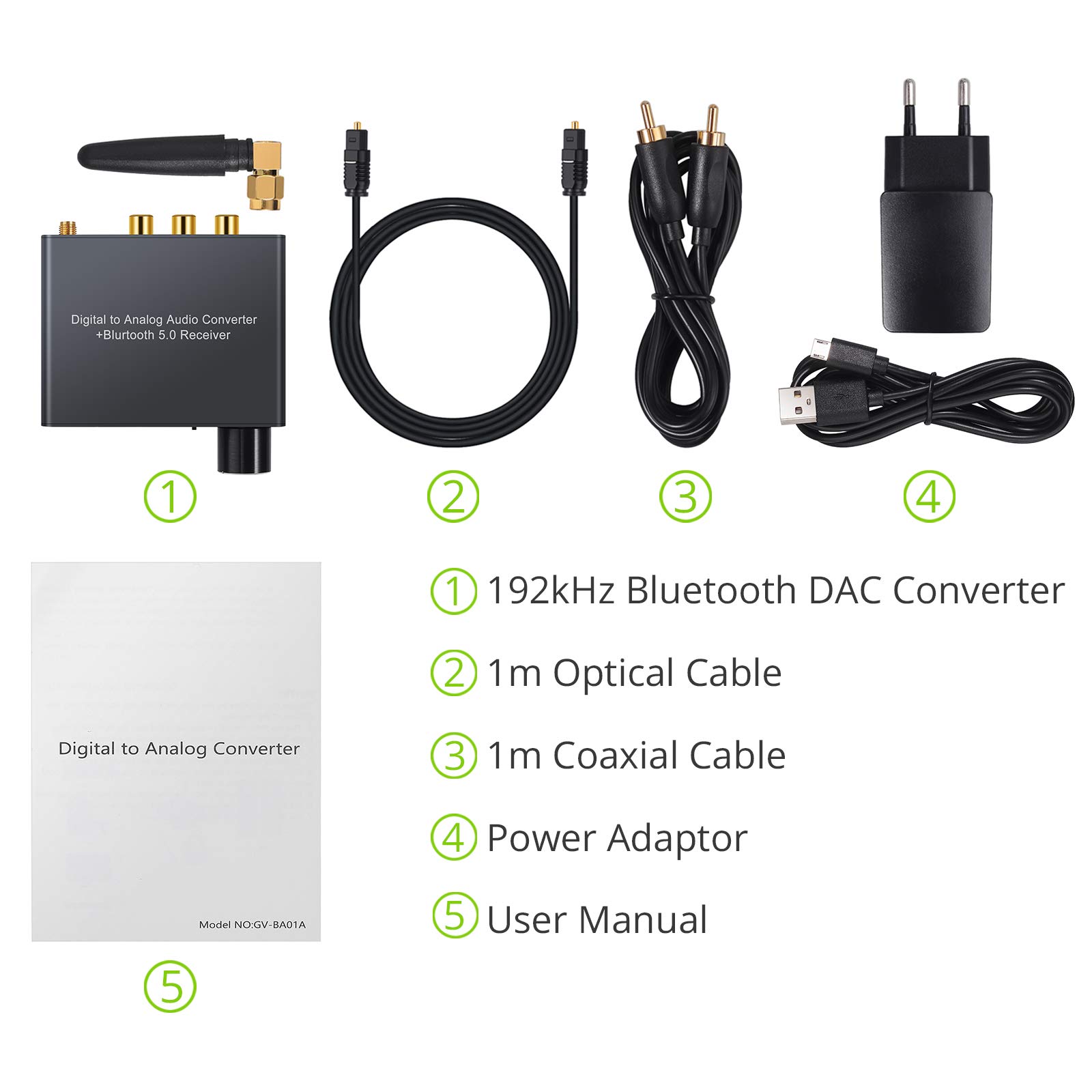 LiNKFOR Digital Analog Audio Konverter 192KHz Bluetooth DAC mit Kopfhörerverstärker mit DAC Netzteil mit Bluetooth Empfänger V5.0 D/A Adapter mit Optischem Kabel und Koaxial Kabel