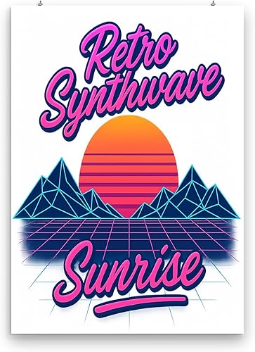 Miniatura 3 de Neon Sunrise Retro Poster - Synthwave Wireframe Mountains - Gloss Paper Finish - Wall Art for Gaming Room or Music Studio