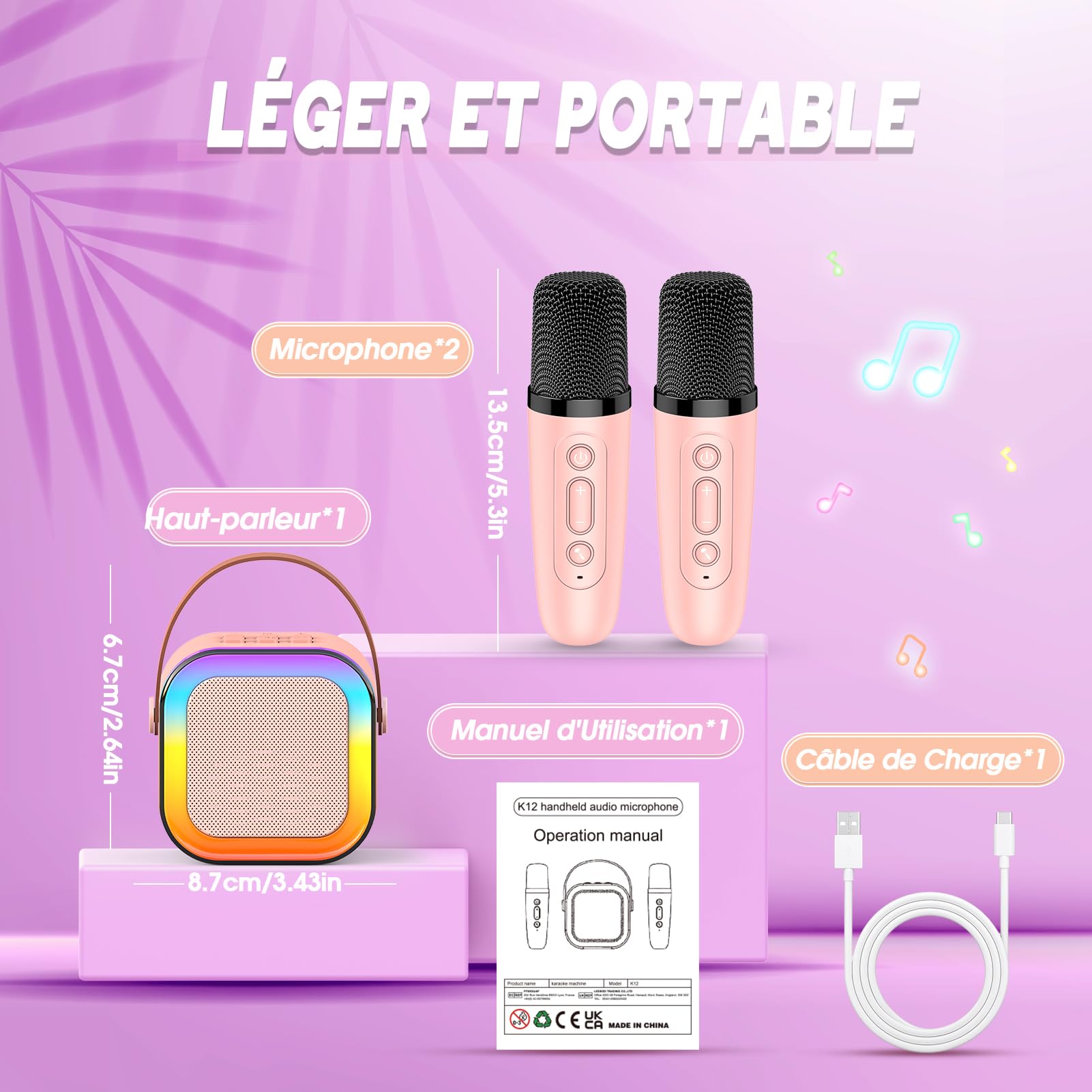 Dislocati Cadeau Fille 3-12 Ans Micro Karaoke Enfant Sans Fil Bluetooth Jouet pour Chanter Anniversaire - Karaoké Fêtes et Jeux à la Maison