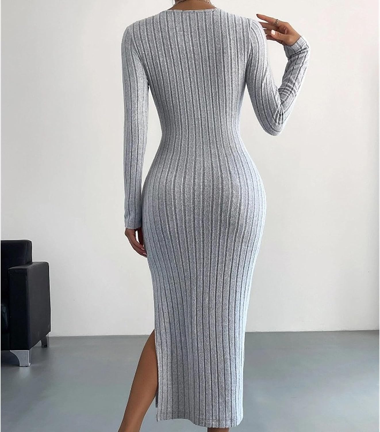 Women's Fall Long Sleeve Sweater Dress Casual Ribbed Knit Slim Fit Elegant Maxi Dresses Crew Neck Side Slit Bodycon