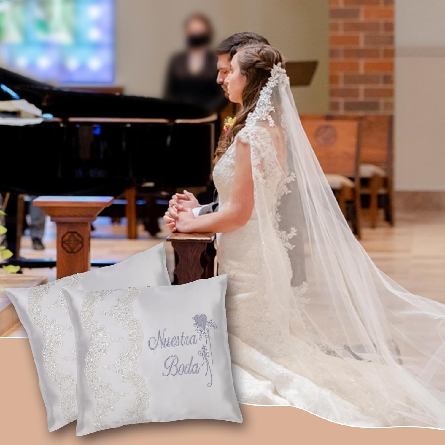 Wedding Kneeling Pillow Cover Set of 2, 17 x 15 Premium Satin & Lace, Embroidered Nuestra Boda Kneeling Pillows,Cojines para Boda para Arrodillarse (Fundas)