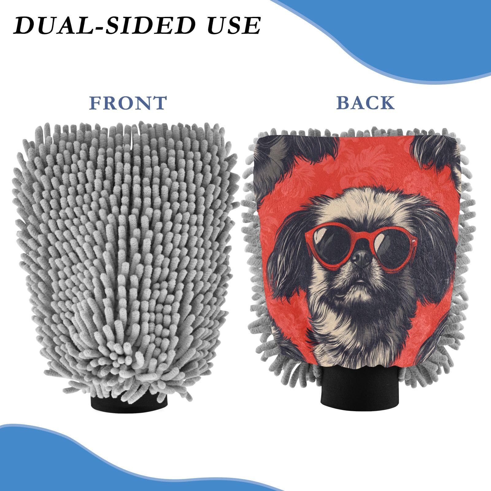 STAYTOP Dog Wearing Cool Sunglasses Car Wash Mitt Microfiber, 2Pcs Scratch Free Lint-Free, Premium Chenille Microfiber Mitt Car Wash Brush-L