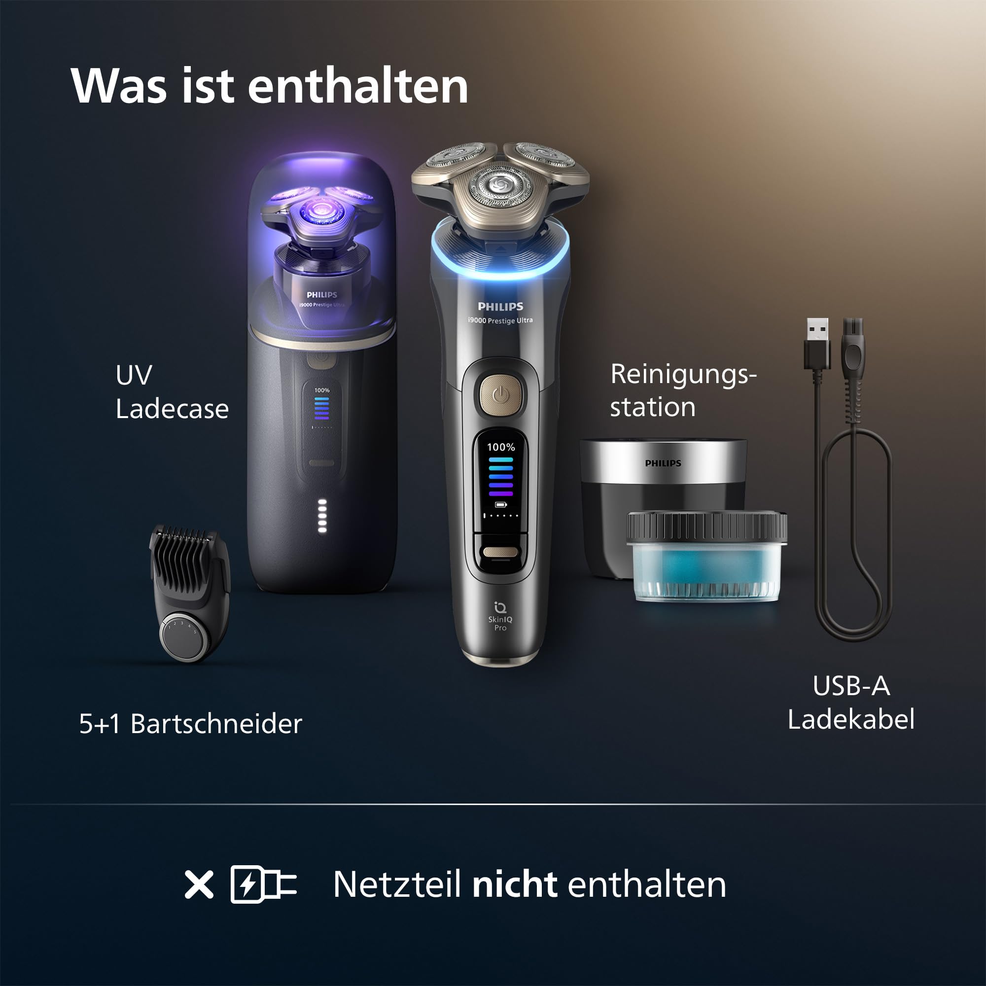 Philips Rasierer i9000 Prestige Ultra, elektrischer Nass- und Trockenrasierer für Herren, Druck- und Bewegungssensor, 5+1 Bartstyler, Reinigungsstation, UV-Ladecase und Reiseetui (Modell XP9402/46)