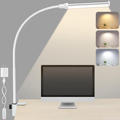 ShineTech Lámpara LED de escritorio para oficina en casa, luz de escritorio con abrazadera, 3 colores de brillo continuo ajustable cuello de cisne