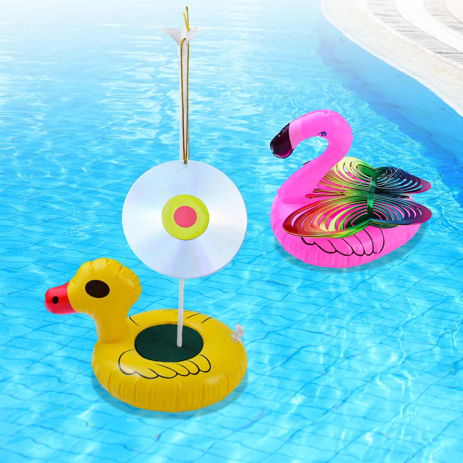 Photo 1 of 2 Pack Floating Reflective Pinwheels for Pool, Bird Reflectors Spinning Bird Scarer, Keep Ducks, Pigeons & Herons Away No Noise Pool Wind Spinner for Outdoor Swinmming Pool & Garden Decoration