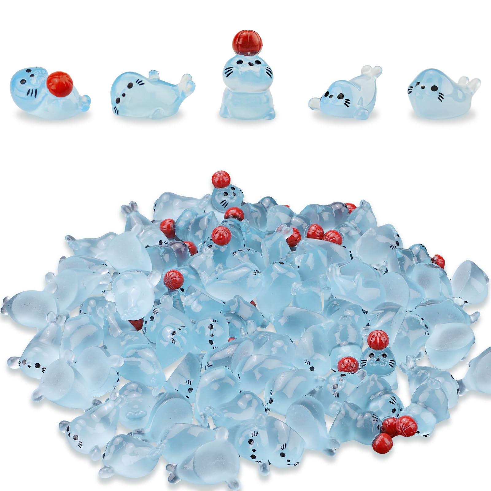 Modixun Blue 100 Pack Mini Glow In The Dark Resin Animals Seal Figures, 5 Styles Luminous Little Sea Creatures Cute Miniature Figurines Bulk For Aquarium