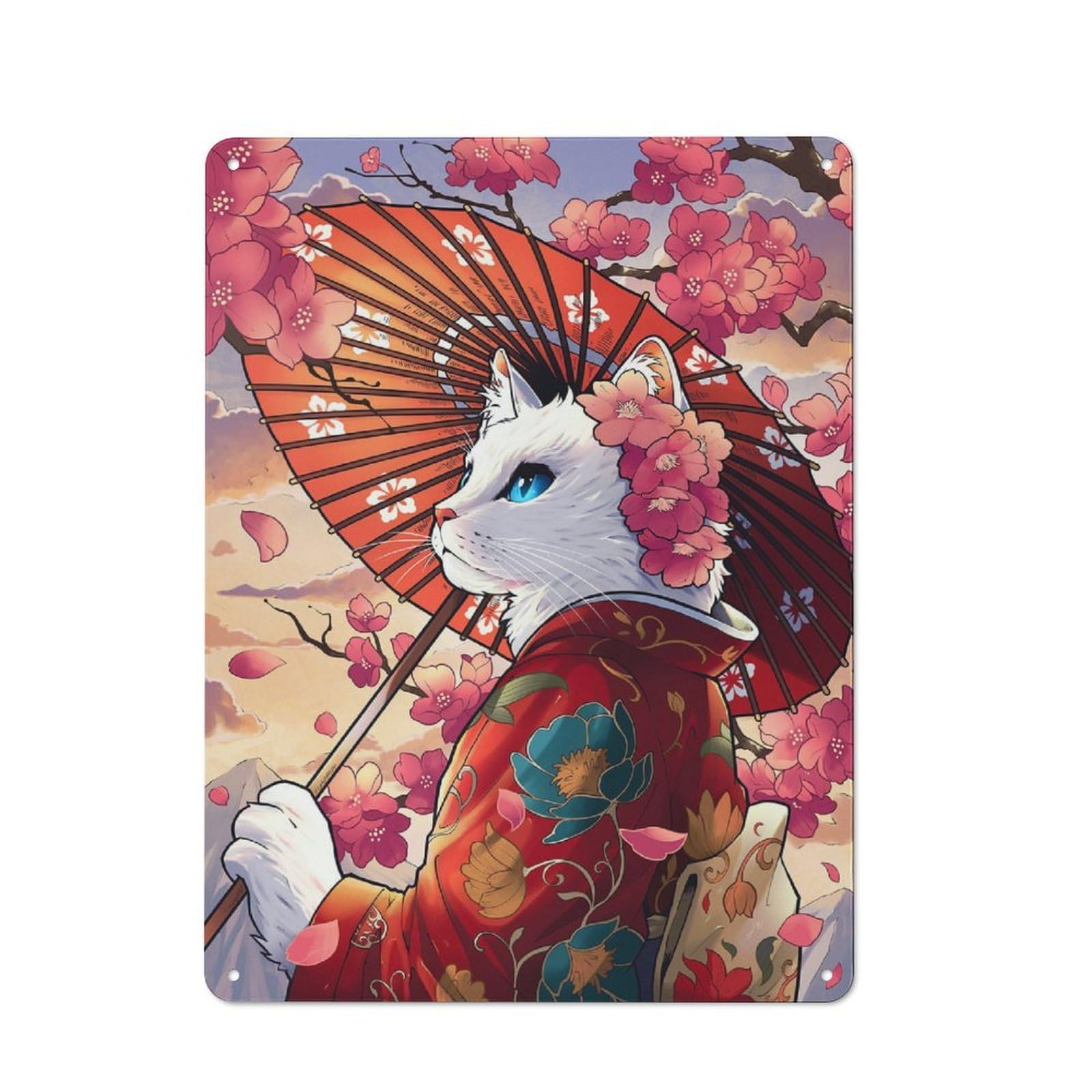 Cat Geisha And Cherry Blossoms Garage Metal Sign 40x30cm, Weathered Look Shed Wall Plaque for Garage, Workshop, Shed Or Utility Room
