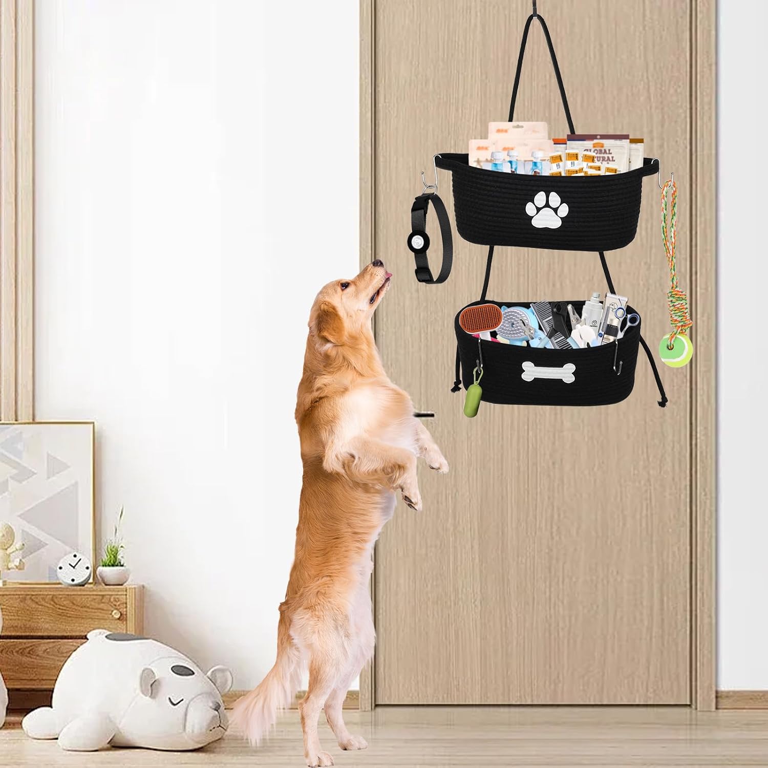 Condition photo showing New/Like New for 2-tier dog baskets,over door hanging oganizer for pet stuff with metal hooks,cotton rope wall-mounted storage organizer for dog leash/harness/small toys/trash bag - black