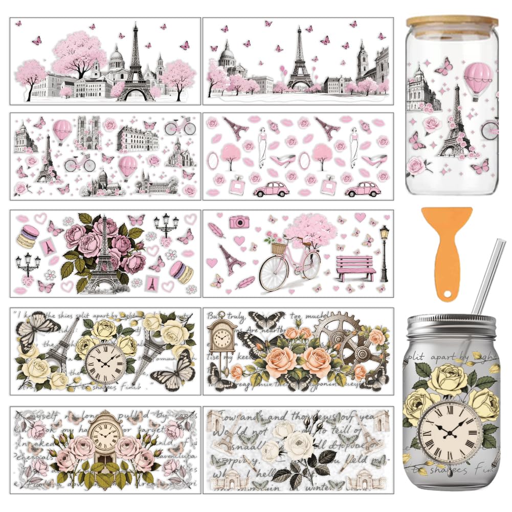 arricraft 10 Sheets Romantic Theme UV DTF Cup Wrap, 10 Styles Pink Retro Paris Architecture Tower Clock Rub on Transfers PVC Paper Waterproof Rub Decals for DIY 16OZ Glass Cups Furniture Wood Crafts