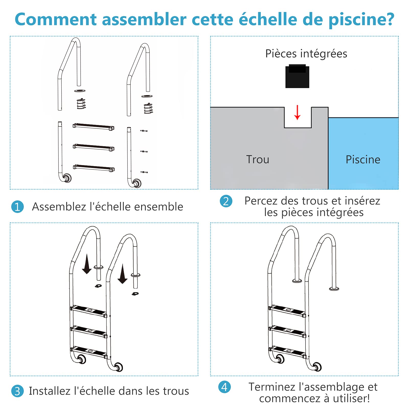 COSTWAY Échelle en Acier Inoxydable en U à 3 Niveaux pour Piscine, avec Marches Antidérapantes et Mains Courantes Confortables, Idéal pour Spa, Parc