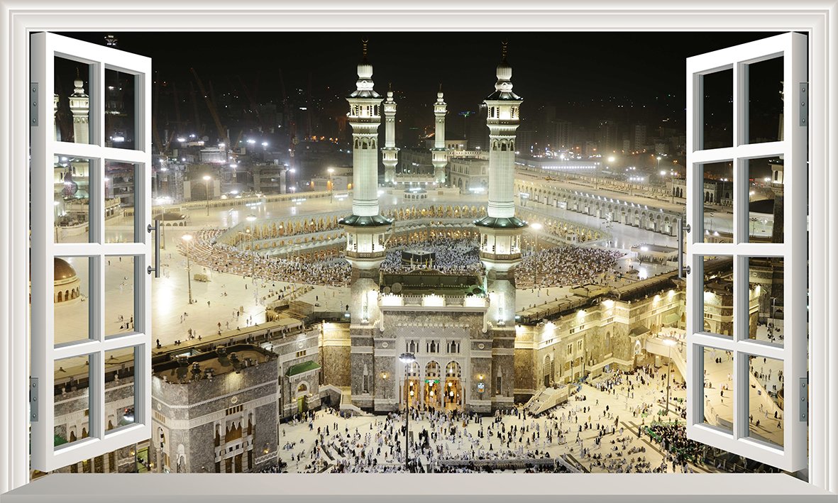 Chicbanners Great Mosque Of Mecca Holy Mosque Haram Mosque Mecca Medina Prophets Mosque Saudi Arabia V004 Magic Window Wall Sticker Self Adhesive Poster Wall Art Size 1000Mm Wide X 600Mm Deep (Large)