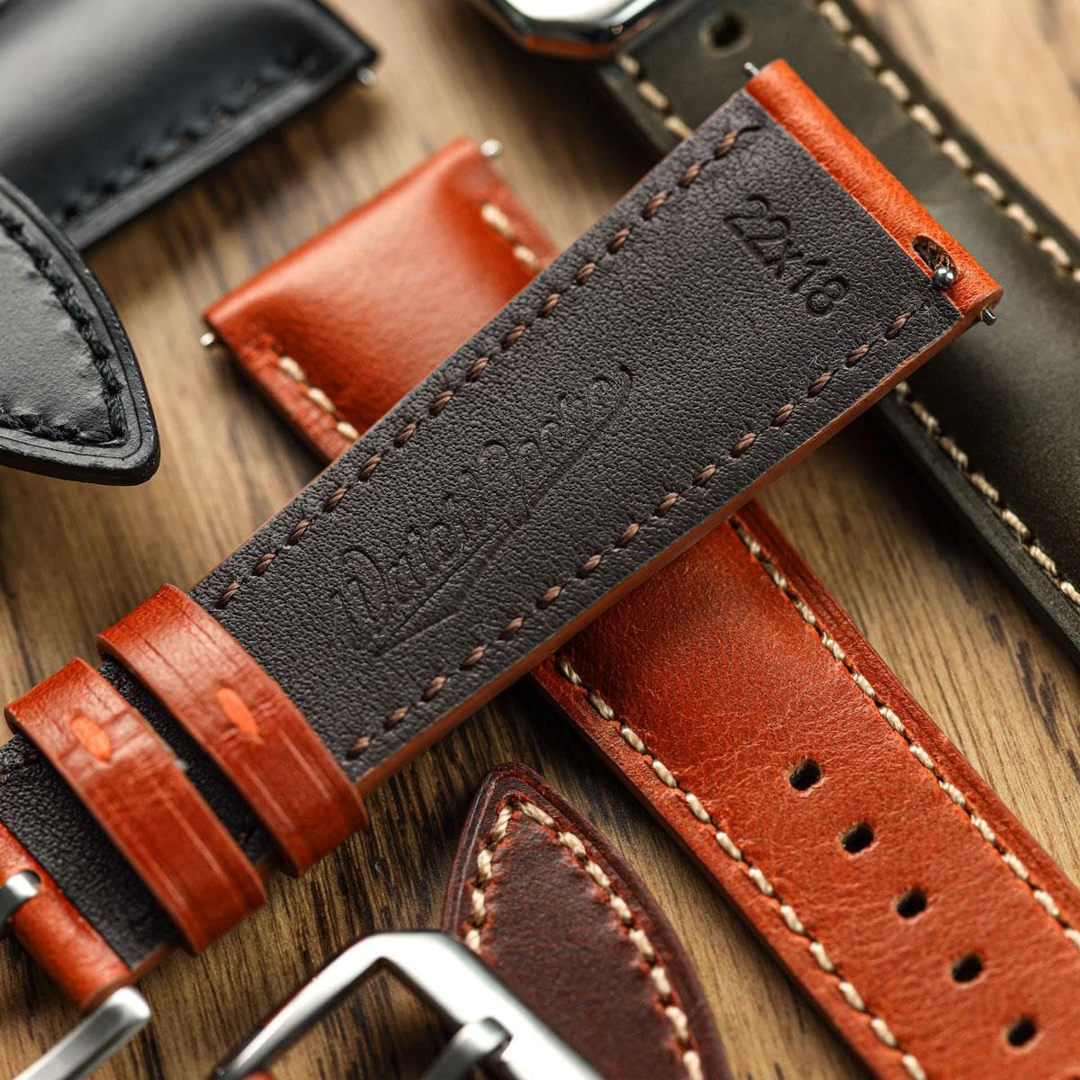 WatchGecko Tenby Classic Lederarmband aus gewachstem, geöltem Vollrindsleder mit Schnellverschlüssen. In schwarz, braun, bordeaux, grün und rot. Größen 20mm und 22mm