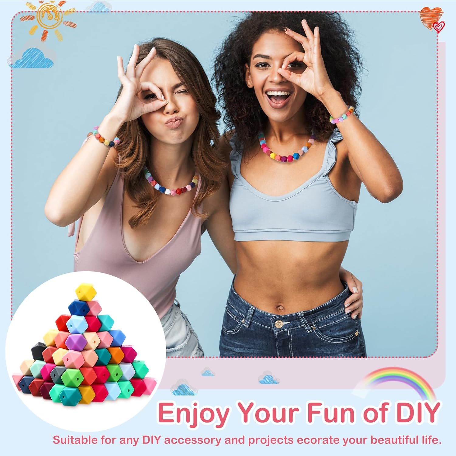 Hotop 288 Pcs Hexagon Silicone Beads Bulk 48 Colors 14mm Silicone Beads for Keychain Making Kit Rubber Focal Loose Beading for Necklace Bracelet Lanyard Making