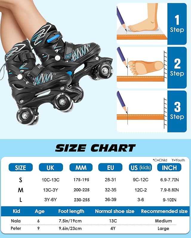 Hozzen Gyerek Görkorcsolya M méretben, Állítható Quad Roller Skates Lányoknak Fiúknak