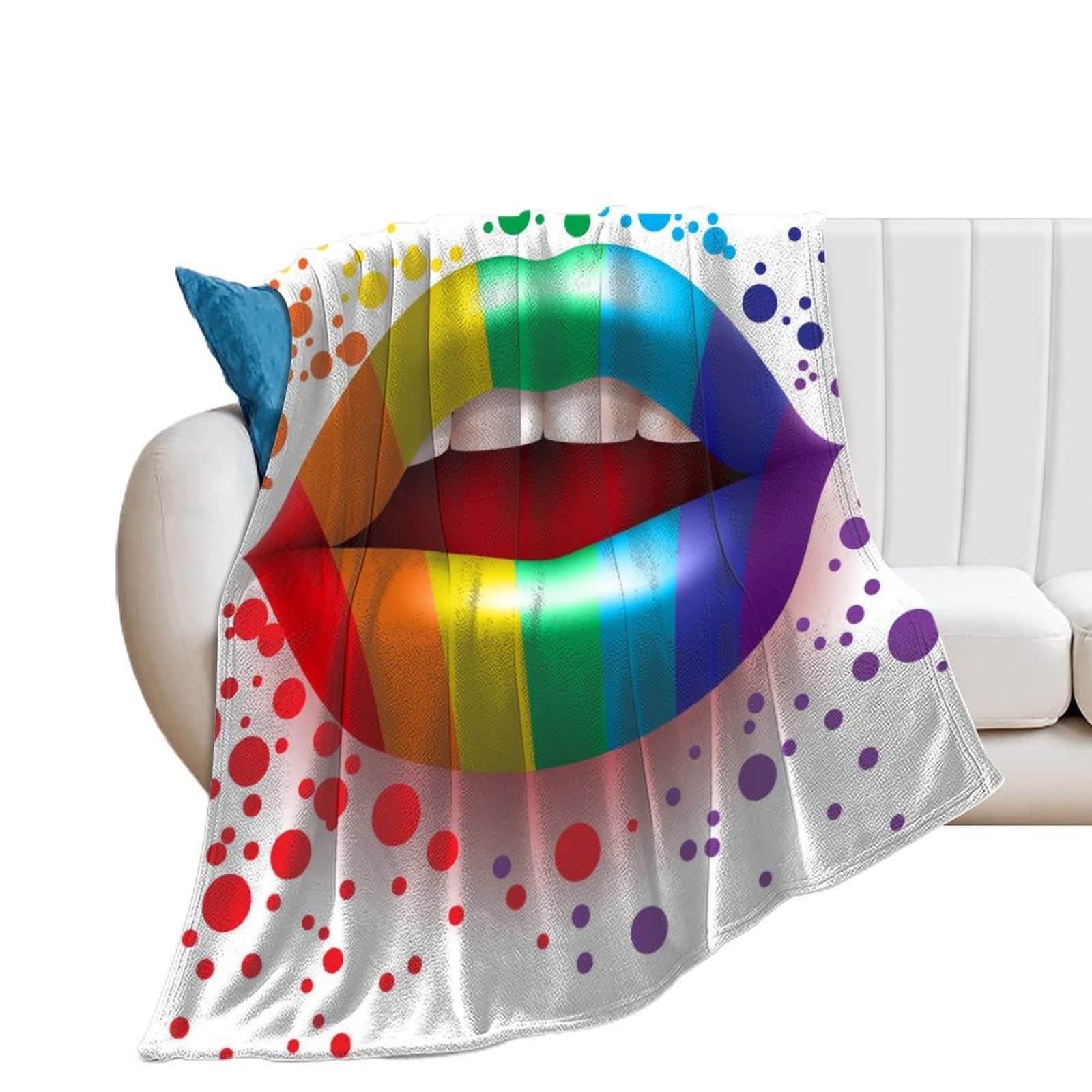 Plaid Canapé Lèvres Arc-en-Ciel en Couverture Polaire Flanelle 100x130cm
