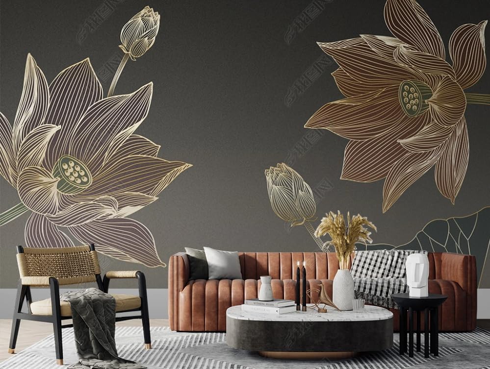 Papier Peint Intissé 3D Aggrandir Pièce Sombre Tapisserie Salon Effet Lotus Chinois