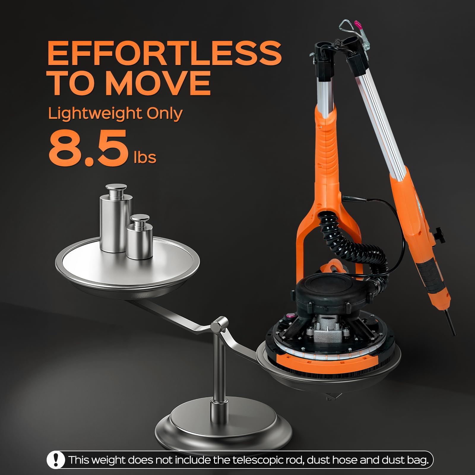 Herramienta de eliminación de techo de palomitas de maíz de 8,5 amperios con 7 velocidades variables 800-1800 rpm, lijadora eléctrica de paneles de yeso con mango extensible, luz LED, 6