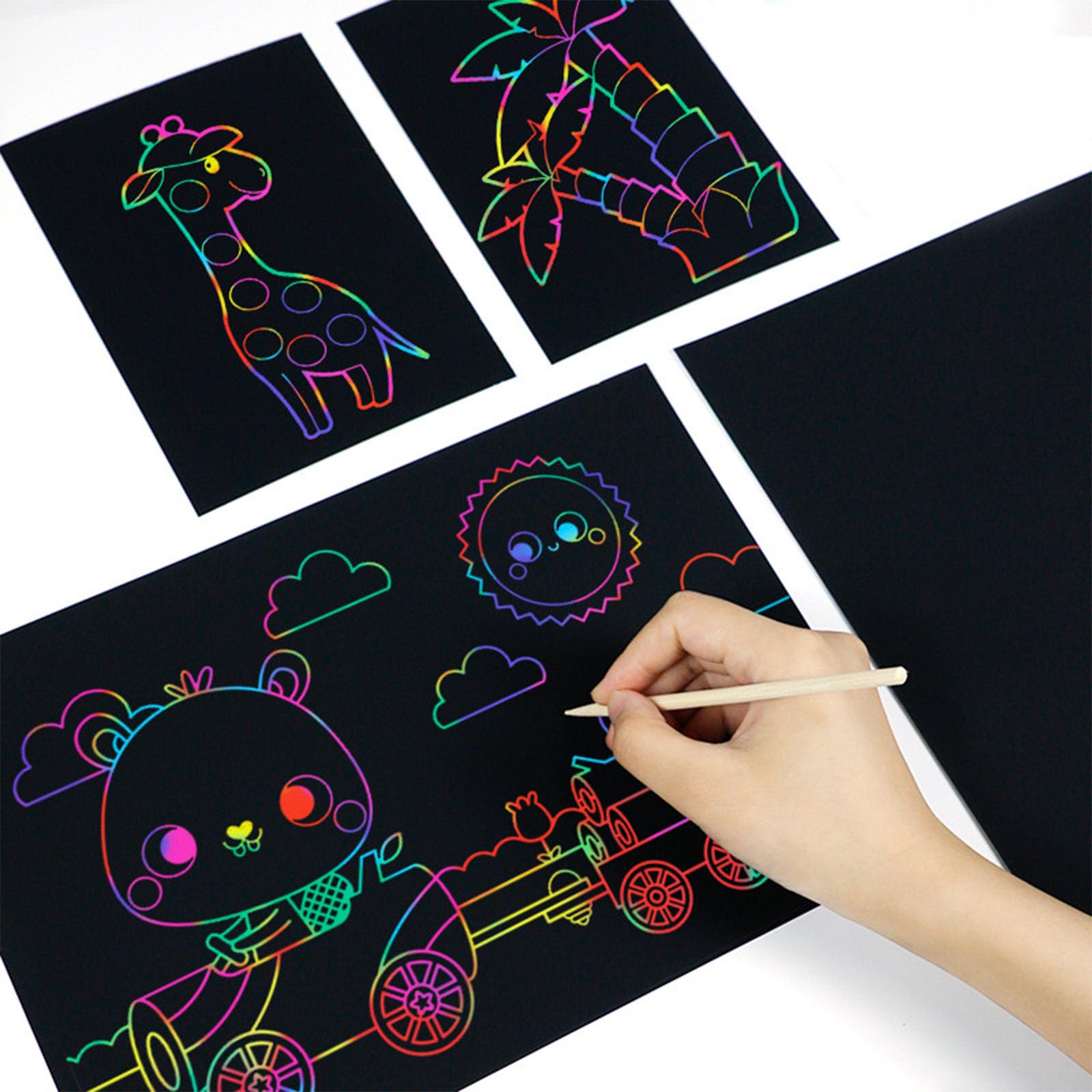 Set de bloc de dibujo para niños de 50 hojas, scratch art | Incluye lápices de madera y plantillas, scratch art paper | Ideal para que los niños dibujen y hagan manualidades DIY