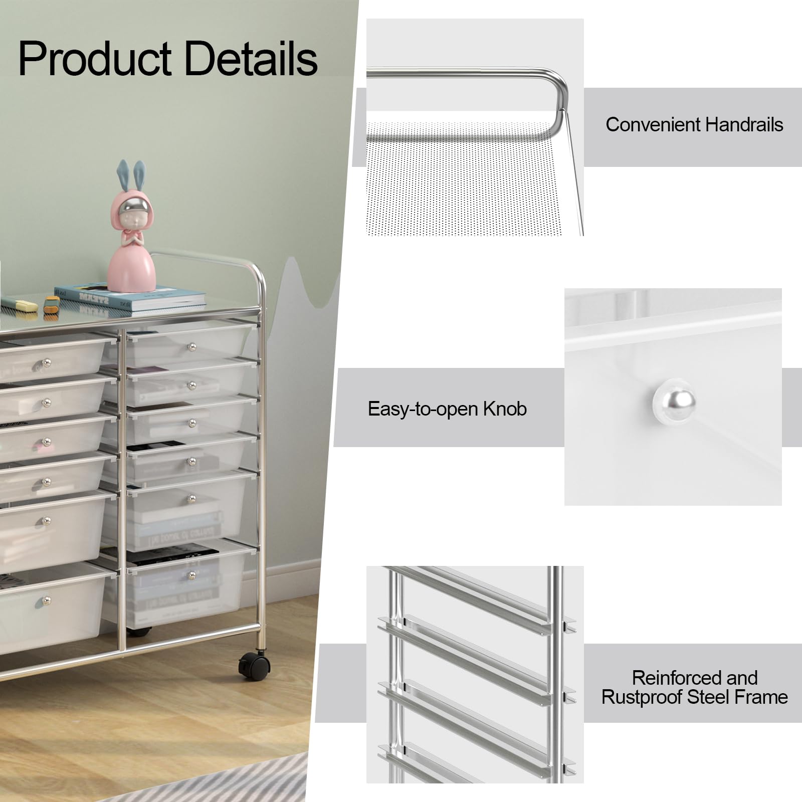 GIANTEX Carrello Portaoggetti con Ruote, 12 Cassetti Rimovibili, Carrello a Rotelle per Soggiorno, Ufficio, Camera da Letto, 64x38x75 cm, 3 Colori