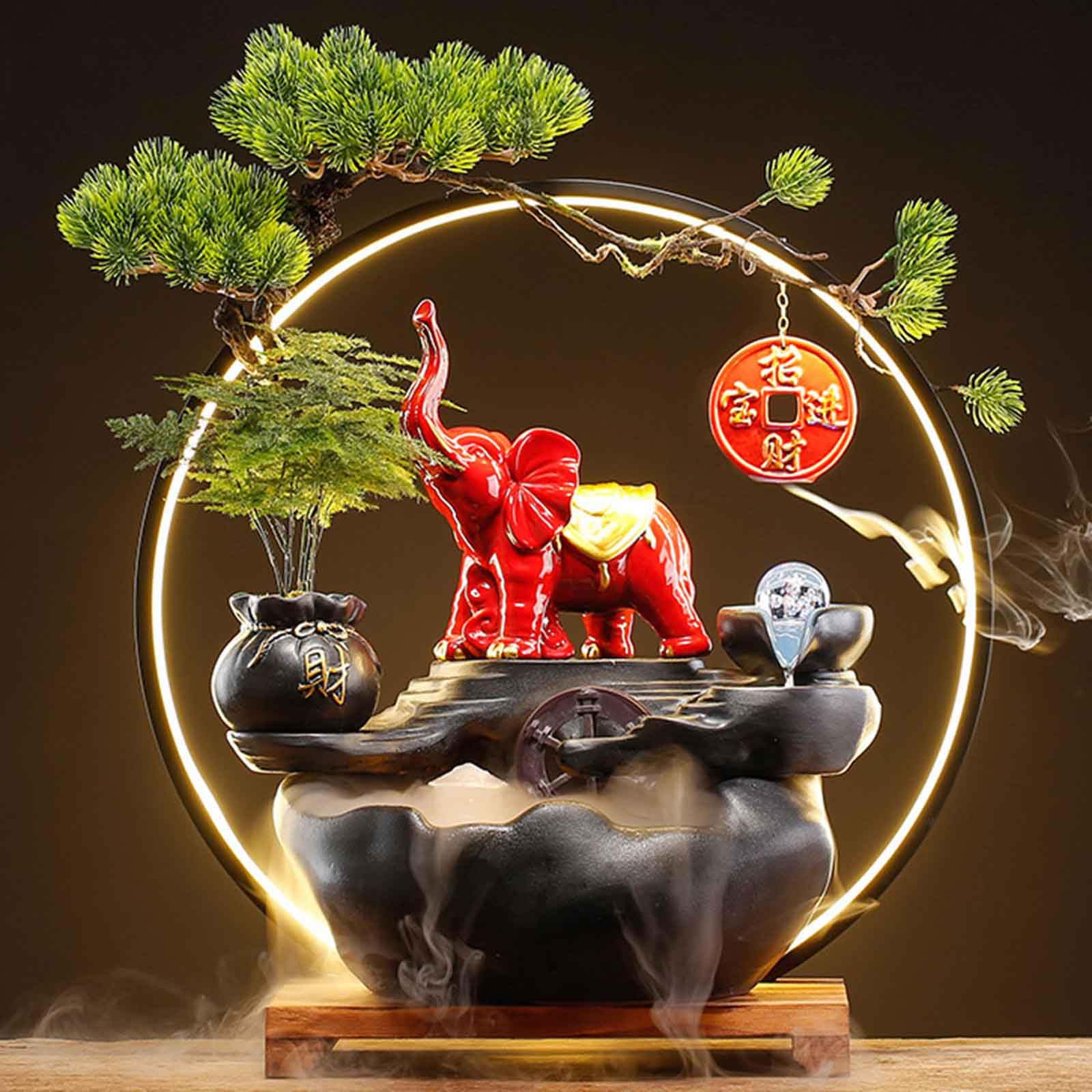 Desktop fountain, Adjustable LED Light Ring and Backflow Incense Burner Holder, for Home and Office Decoration(E)