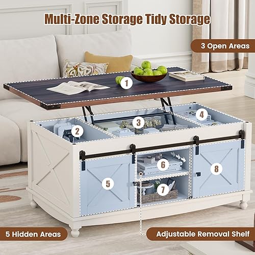 Miniatura 5 de Mesa de centro de granja de 48" con superficie elevable, puerta corrediza de granero de almacenamiento y gran compartimento oculto, mesa de centro