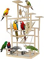 VELVETPAW 7-Level Natural Wood Parrot Playstand - Modular Bird Playground Gym with Toys & Feeders, Detachable Tabletop Stand
