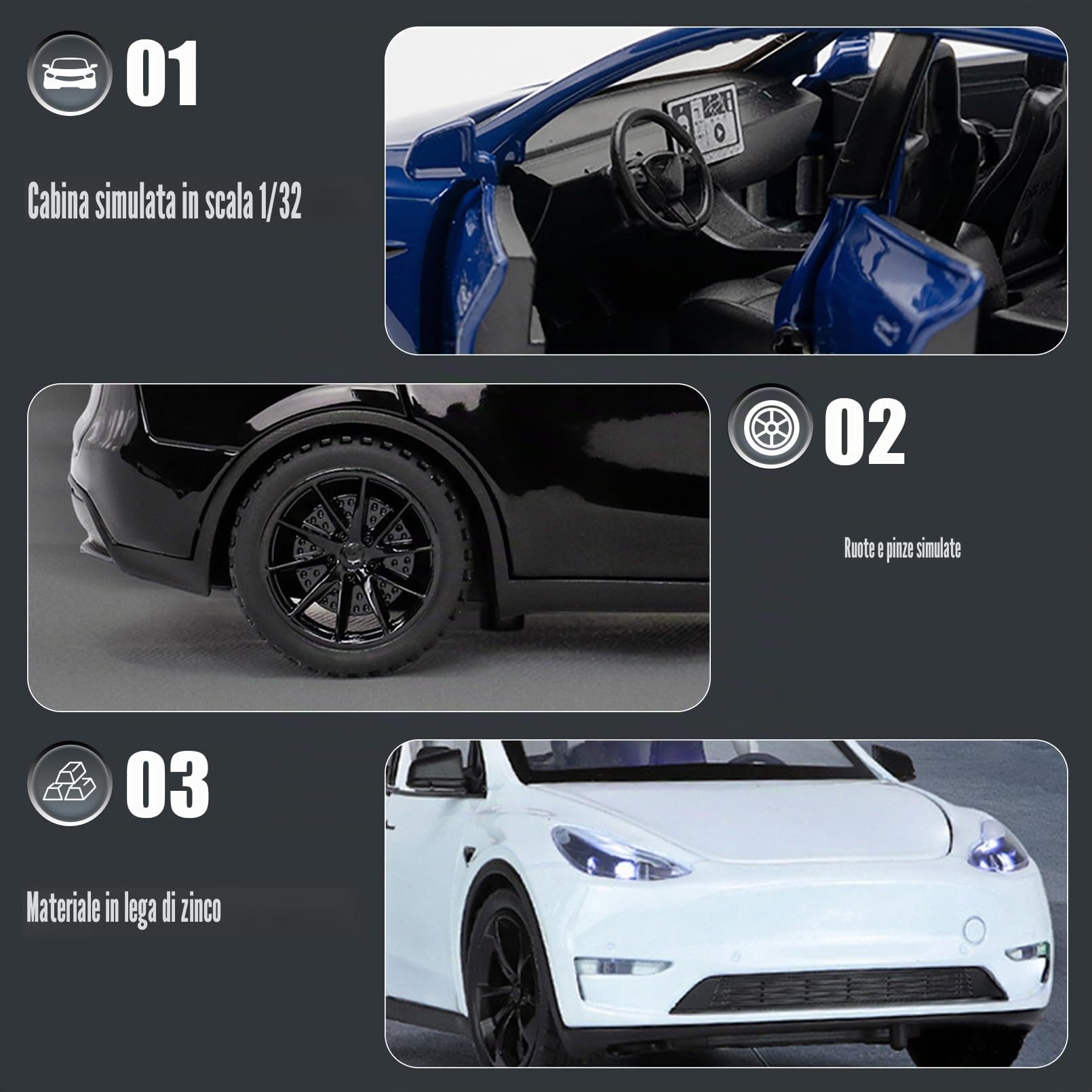 Tesla Model Y 1:32 Modellino Macchinina con Luce e Musica, Funzione Pull-Back, Lega Pressofusa, Ideale per Bambini dai 3 anni e Collezionisti (Bianco)