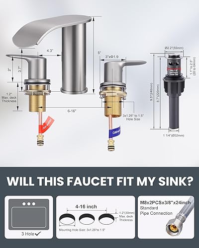 Miniatura 5 de WOWOW Grifo de baño tipo cascada, 3 agujeros de 8 pulgadas, grifo de lavabo de baño de dos asas, con mangueras de drenaje emergente y suministro,