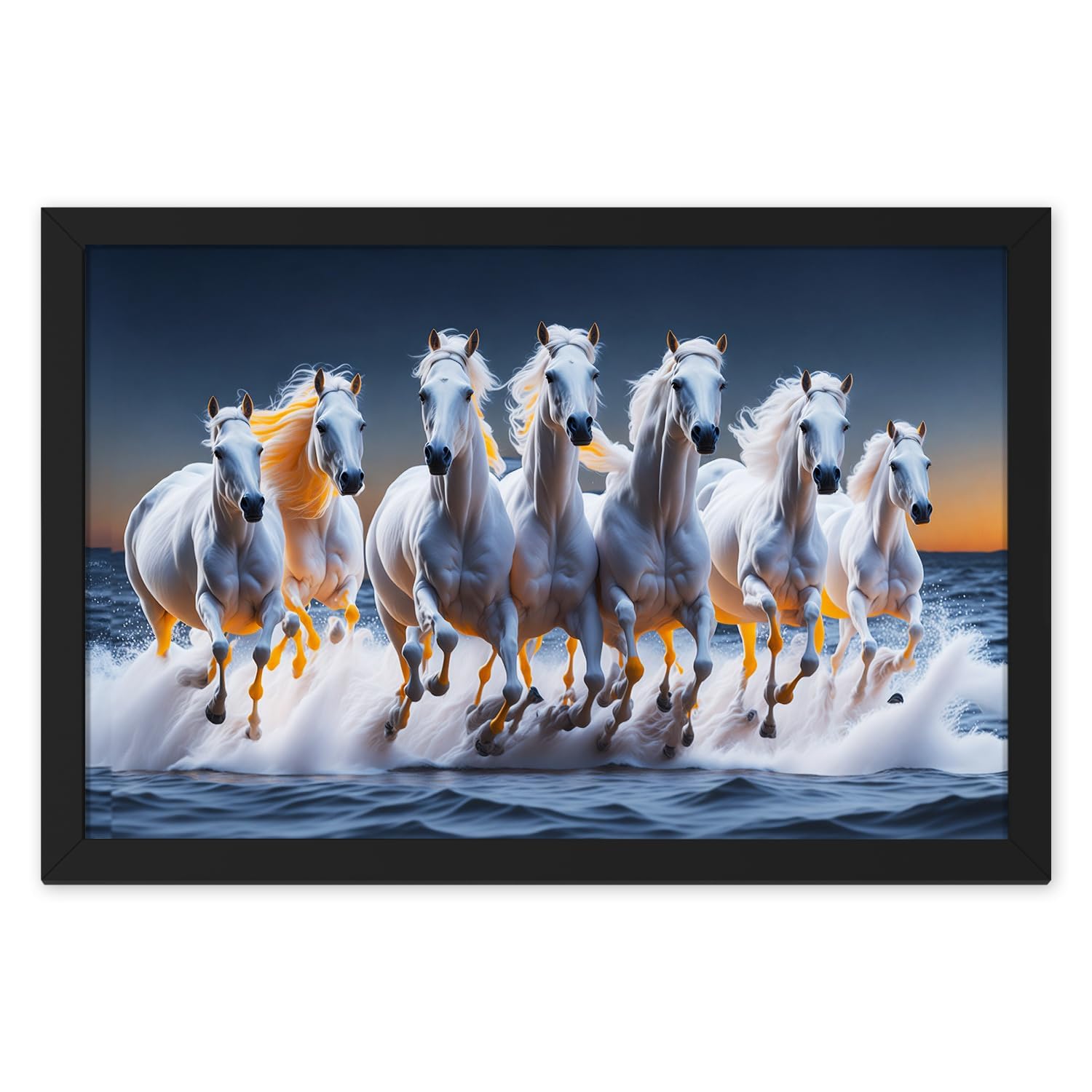 Ritwika's Abstract Wall Art of Seven Running Horses White Motivational Framed Painting | Multi Effective For Vastu, Home and Office Decor | Size 13.5 x 9.5 IN, Set of 1 (Multi Colour)