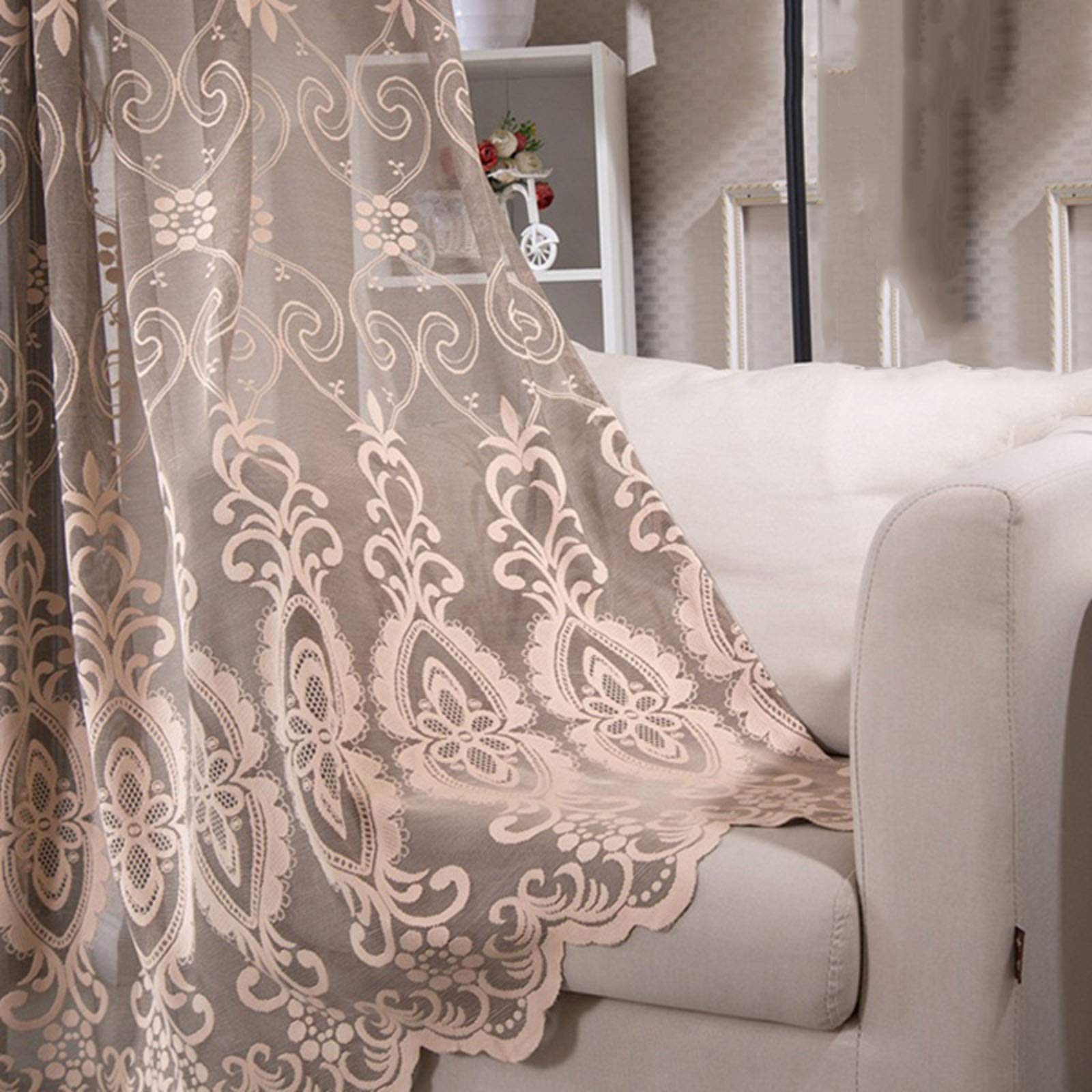 Eleganckie bawełniane zasłony żeglarskie, dekoracyjne zasłony tiulowe, salon, sypialnia, balkon, żakardowe, przezroczyste zasłony, przelotki, kolor curry, 350 x 270 cm, 1 szt