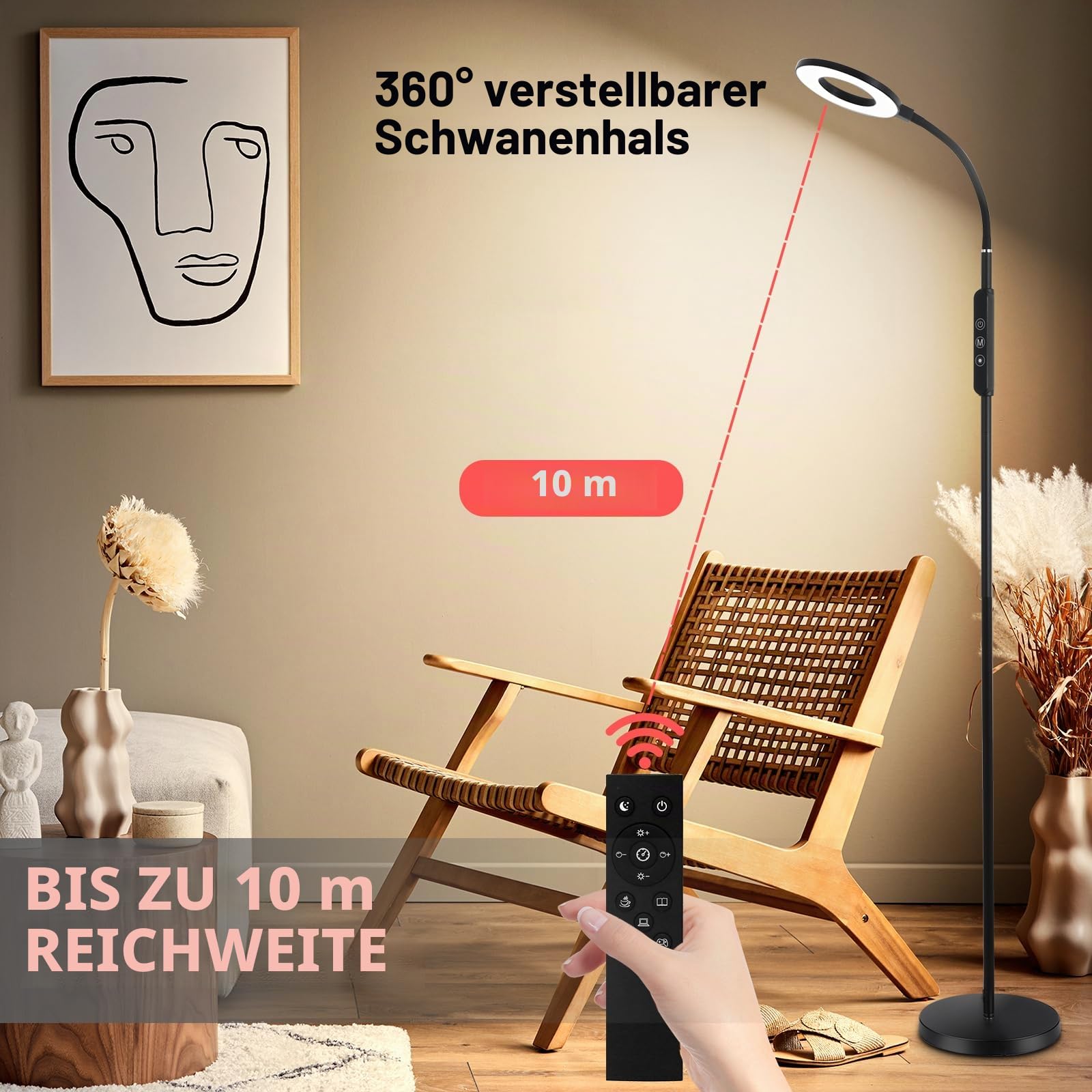 Oraymin LED Stehlampe Wohnzimmer 12W, LED Leselampe Bett mit Fernbedienung, 1H Timer & Memory Funktion, Schwanenhals 360° Verstellbar Stehlampe mit 3 Farbtemperatur, Stehlampen für Schlafzimmer Büro