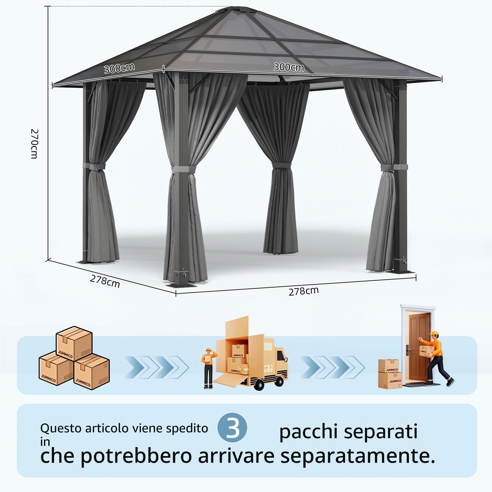 JUMMICO Padiglione da Giardino 3x3m in Alluminio con Tetto Fisso - Design per Ombreggiatura di Giorno e Atmosfera Luminosa di Sera - Stabile e Resistente alle Intemperie