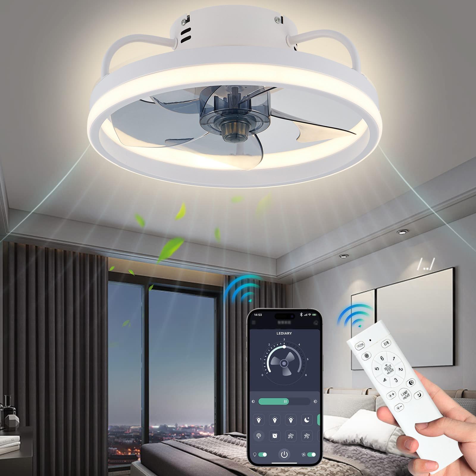 Plafondventilator met verlichting, LED-dimbare plafondlamp met