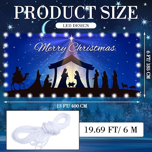 Miniatura 2 de Preboun Pancarta de Navidad religiosa para puerta de garaje, 6 x 13 pies, fondo de Navidad azul iluminado con escena de pesebre religiosa, pancarta