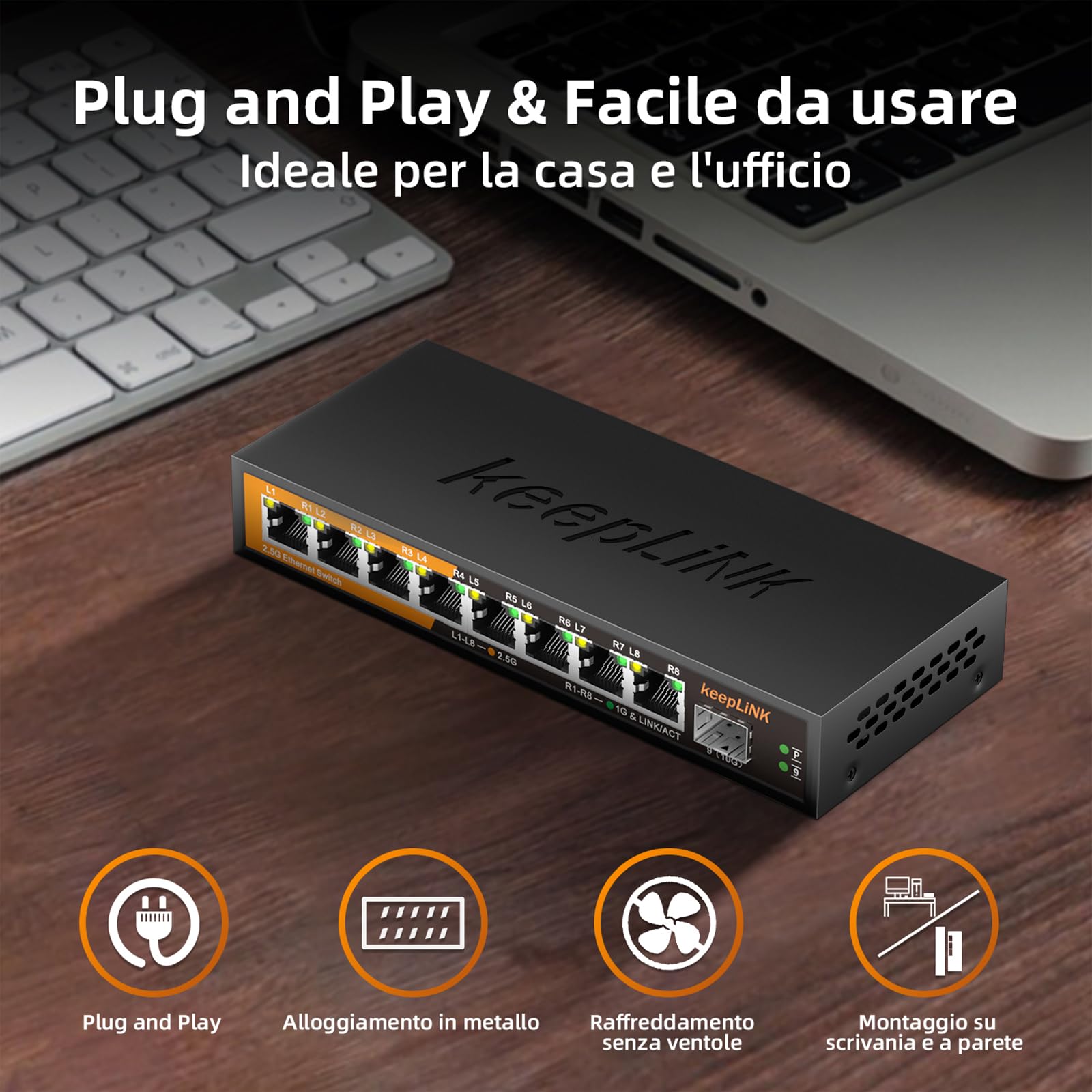 Switch 2.5 Gigabit, Switch Ethernet 8 Porte 2.5 Gbps con 1 Porta 10G SFP, Metallo Senza Ventola, Desktop e Montaggio a Parete, Compatibile con PC, Nas, AP Wireless