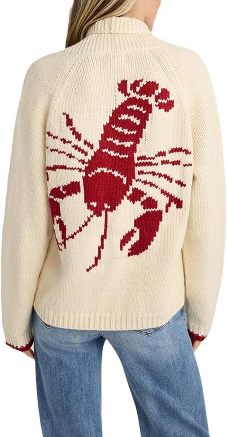 Autumn and Winter Sweater Women's Lobster Print Single Breasted Cardigan Long Sleeve Retro Knitted Top Button Style