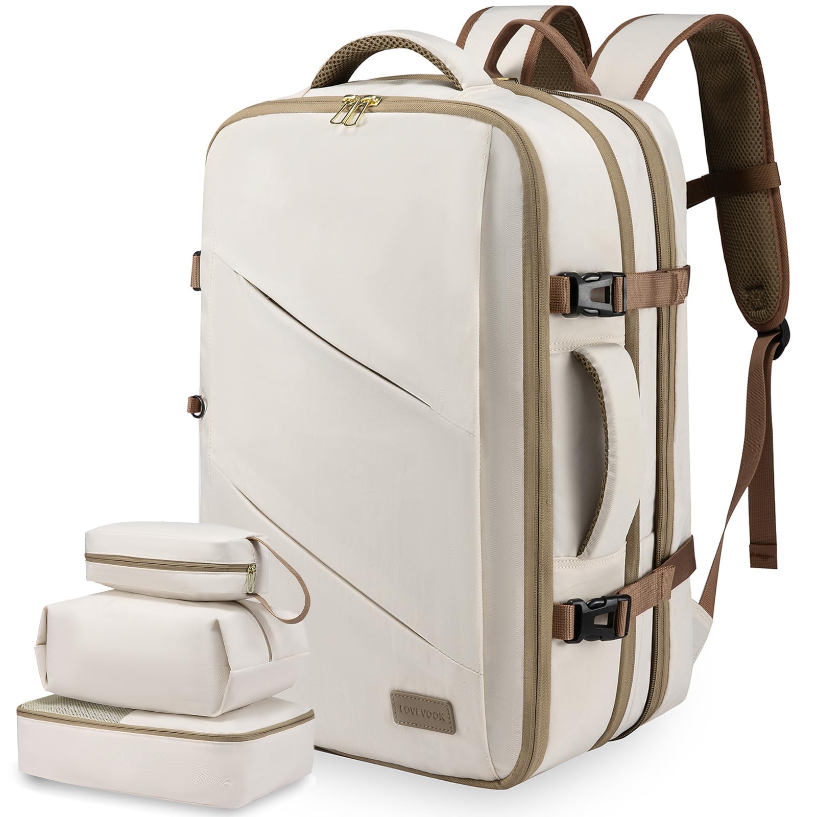 LOVEVOOK Zaino Da Viaggio Borse Da Cabina Per Easyjet Ryanair Zaino Aereo Bagaglio A Mano Uomo Donna Zaino Porta PC 17,3 Pollici Zaino 40 Litri Grande Trekking Travel Bag Zaino Beige Cachi