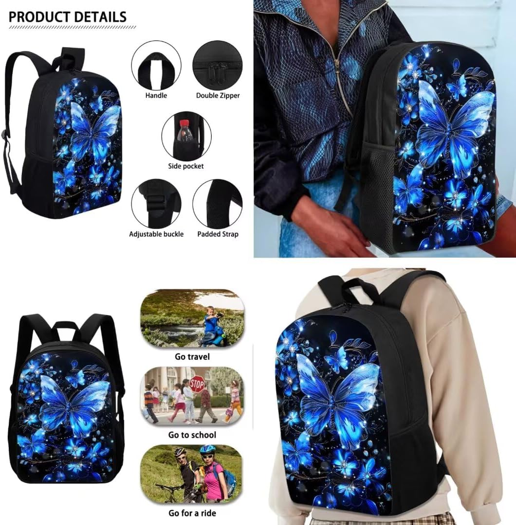 3PCS Backpack with Lunch Box Pencil Case Set for Boys Girls Blue Butterfly Print Elementary Middle School Students Bookbags - Image 2