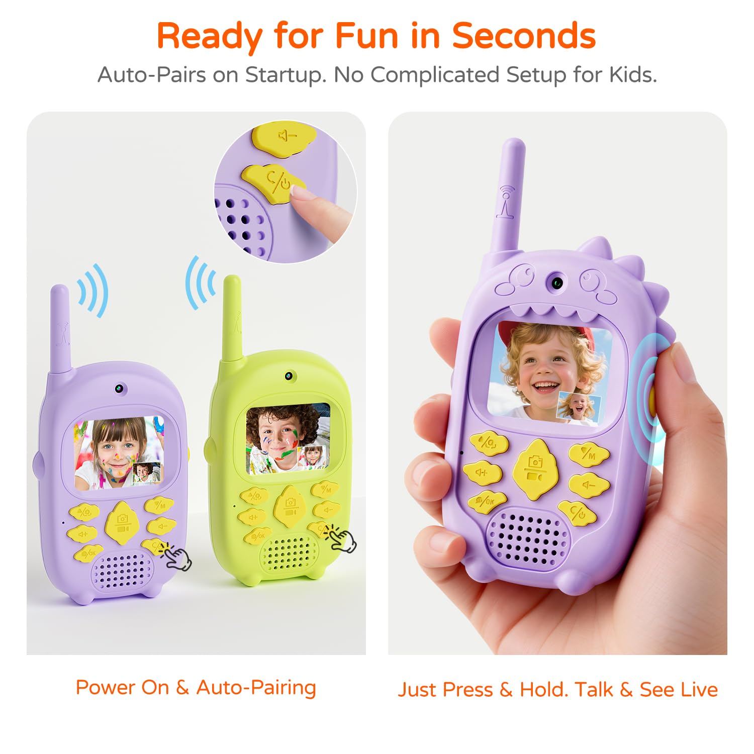 Walkie Talkie Video a Doppia Fotocamera per Bambini, Set da 2 Walkie Talkie per Ragazzi e Ragazze 3-12 Anni con Fotocamera Anteriore e Posteriore, Registrazione Foto/Video, Schermo, Batteria Ricaricab
