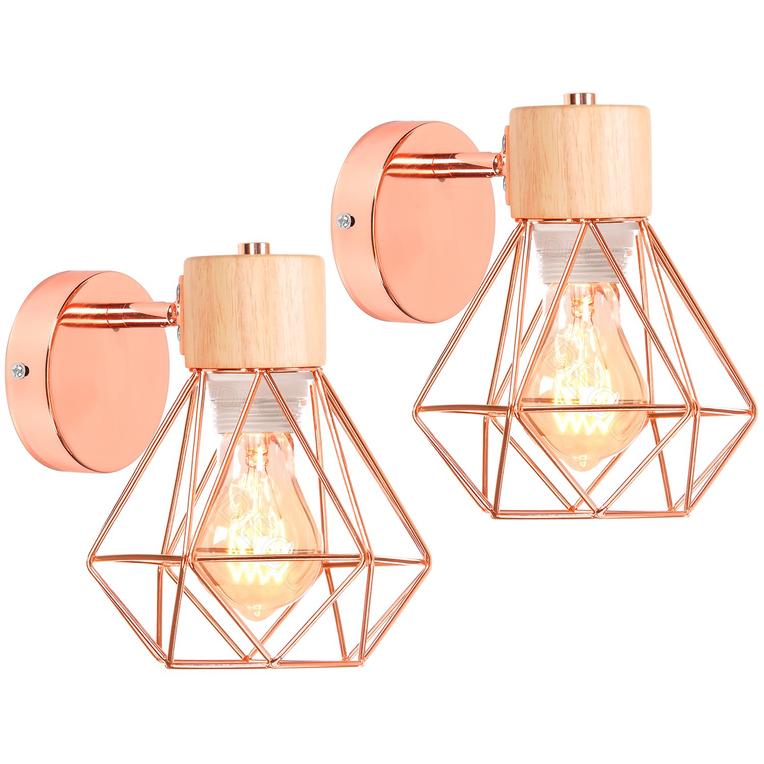iDEGU Set of 2 Industrial Wall Lights Metal Cage Design Wood Wall Lamp Adjustable Vintage Indoor Wall Sconce E27 Ceiling Light for Bedroom, Hallway, Living Room (16cm, Type B, Rose Gold)