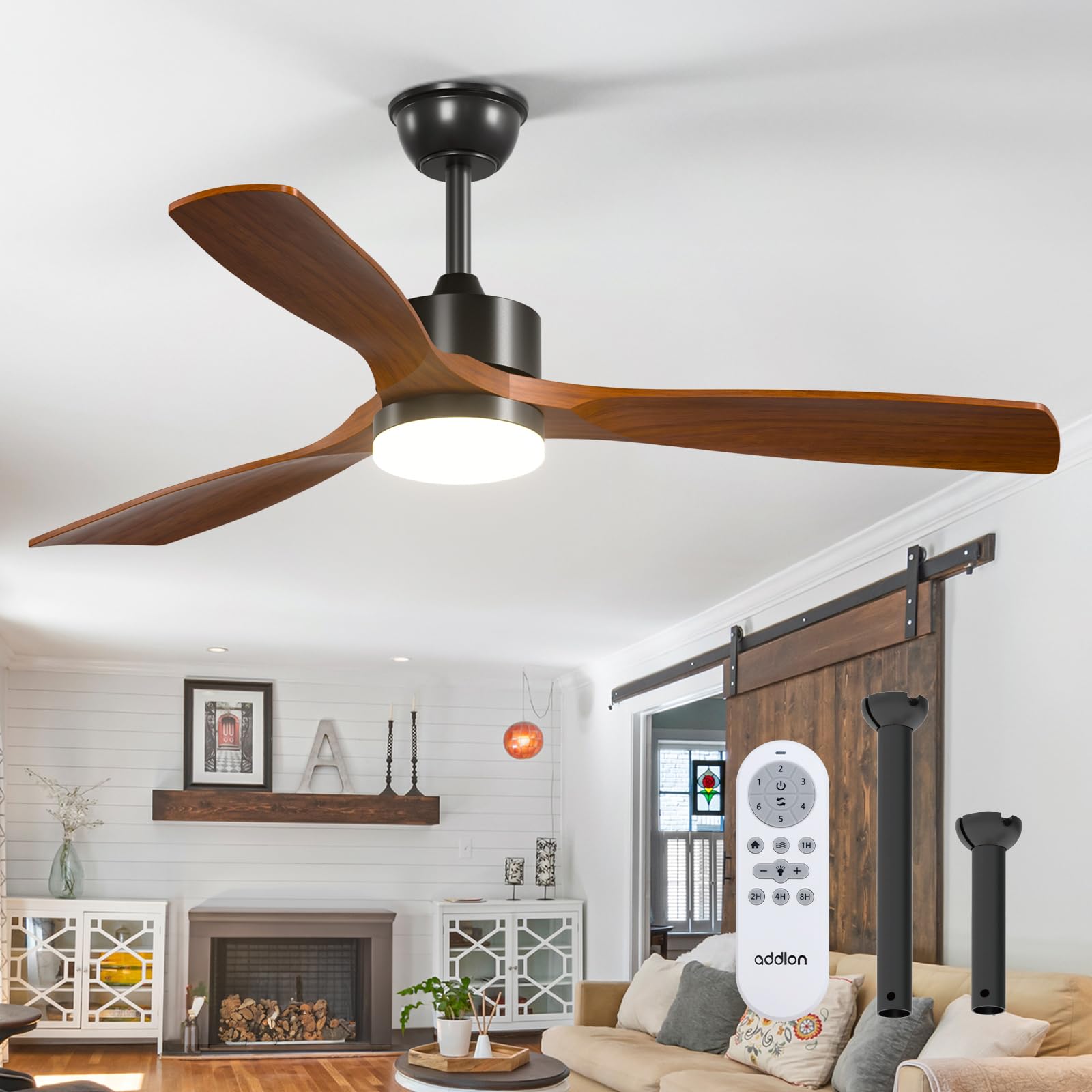 addlon 52 inch Ceiling Fans with Lights and Remote Control, Reversible, 3 Wood Blades, 6 Speeds, 5CCT Dimmable, Noiseless, Indoor/Outdoor Black Walnut Ceiling Fan for Bedroom Living Room Gazebo Patio