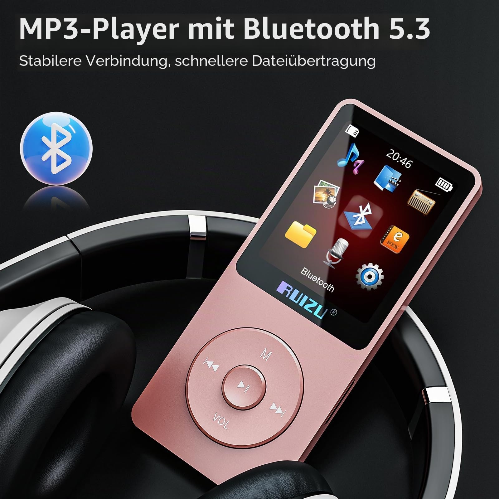 RUIZU 32GB MP3 Player with Bluetooth 5.3, 1.8" Screen Portable Music Player, FM Radio, Voice Recording,80H Digital Audio Video Playback,Support 128GB，Rosagold