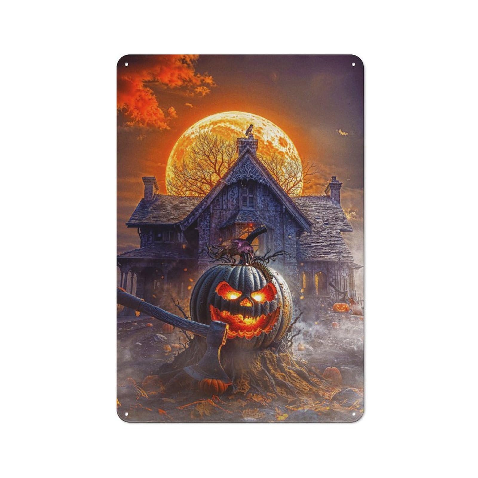 Junmoney Halloween Pumpkin & Haunted House Tin Wall Plaque 30X20cm With For Garage Wall, For Collectors Of Retro Metal Wall Decor