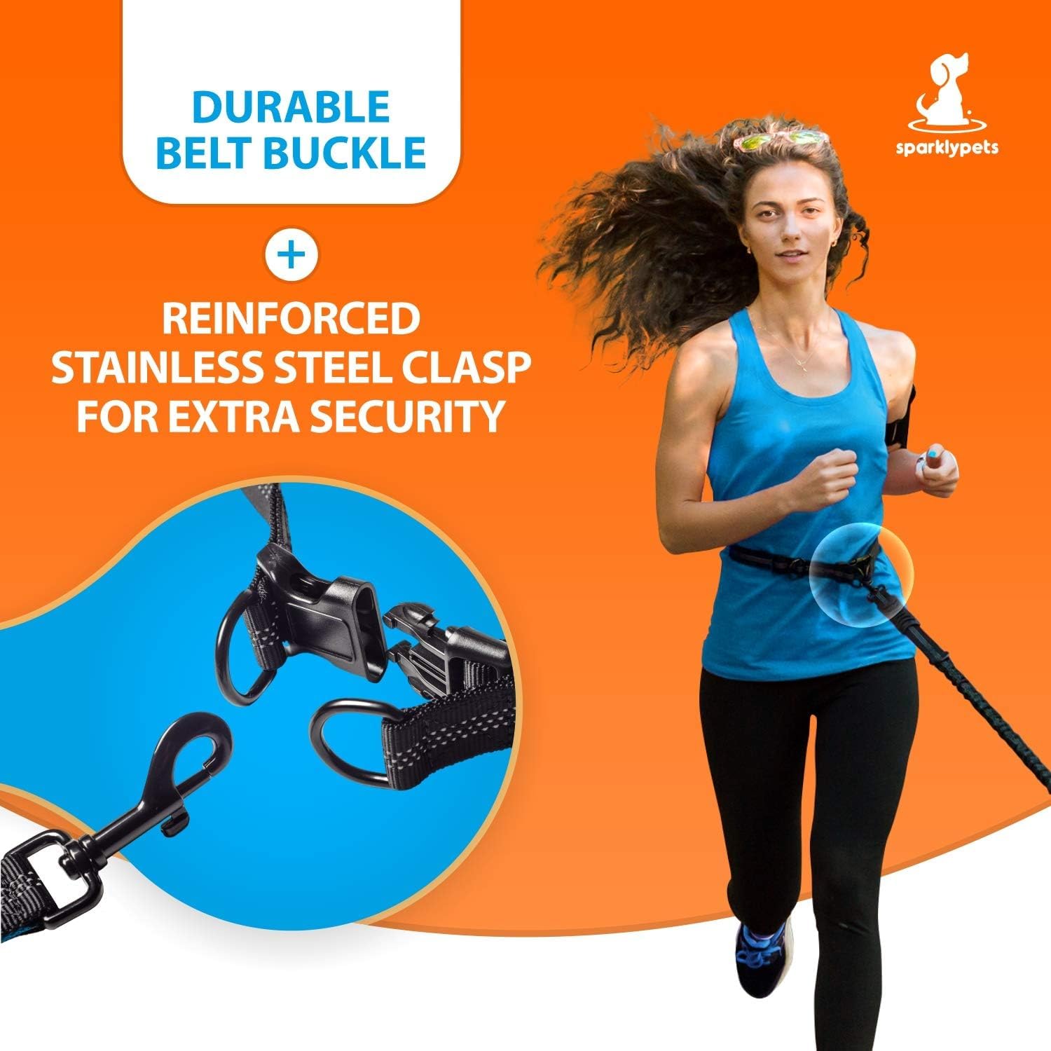 SparklyPets - Correa doble manos libres para perros hembras medianas y grandes - Asas acolchadas, costuras reflectantes, sin tirones, sin enredos, para caminar, senderismo, trotar, correa de cintura
