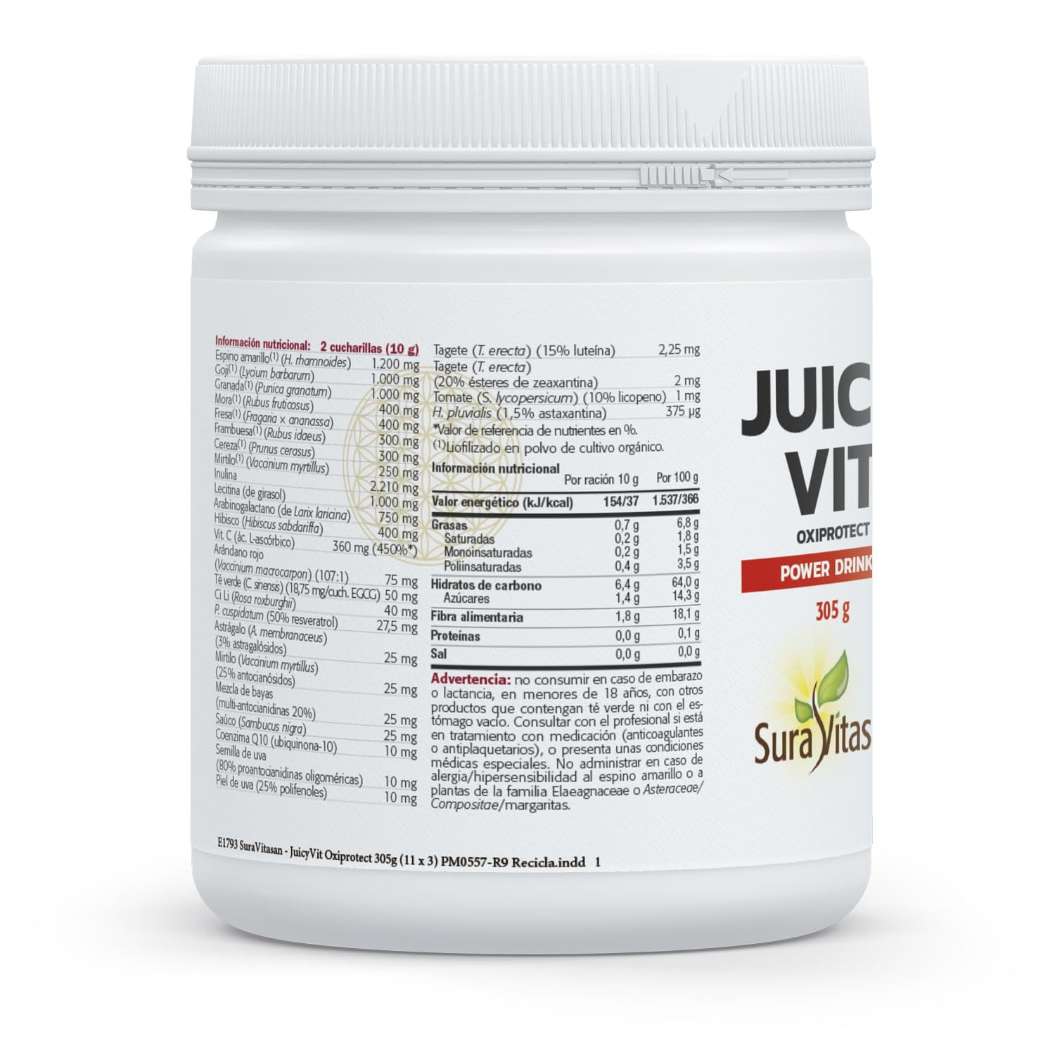 SURA VITASAN Juicy Vit Oxiprotect Superalimentos en Polvo 305 g | Frutos Orgánicos Liofilizados con Prebióticos y Nutracéuticos, para Soporte Inmunitario y Protección Antioxidante