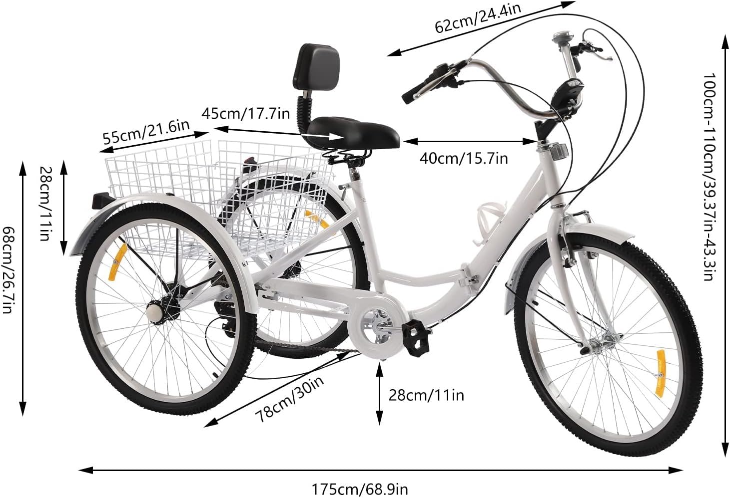 24 Zoll 7 Gang Dreirad für Erwachsene aus Kohlenstoffstahl mit Korb und LED-Licht