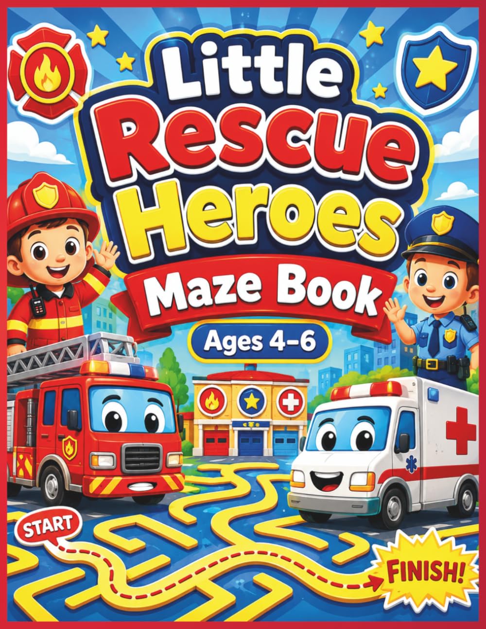 Little Rescue Heroes Maze Book: Firefighter, Police, and Ambulance Adventures for Kids Ages 4–6 with Easy, Medium, and Hard Mazes