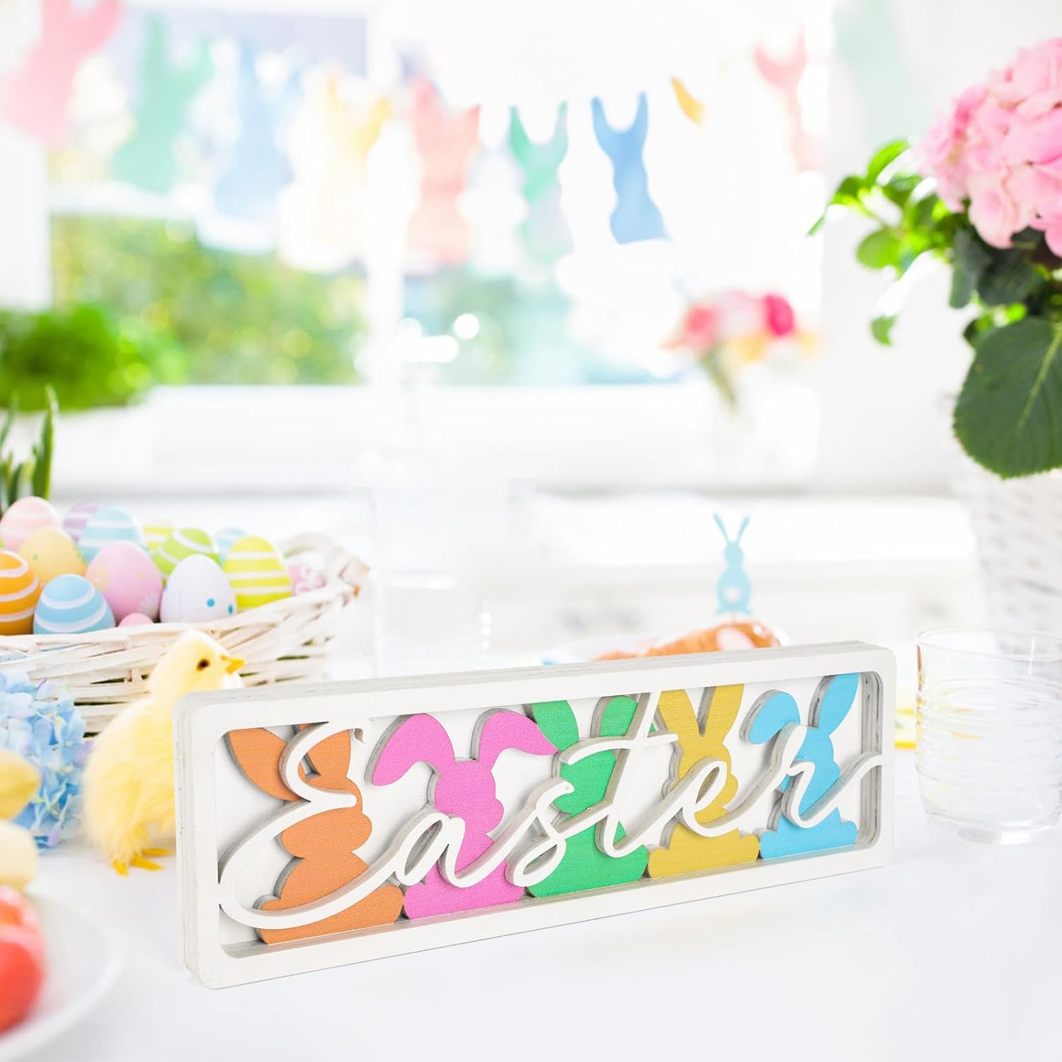 Vintage Happy Easter Decorations for Office, Home, Table, Mantel, Shelf, Desk, 3 1/2 x 11 Inch Retro Bunny Sign, Wooden Spring Bunnies Decor Sign, Farmhouse Pink Decoration (Colorful Bunnies) - Image 7
