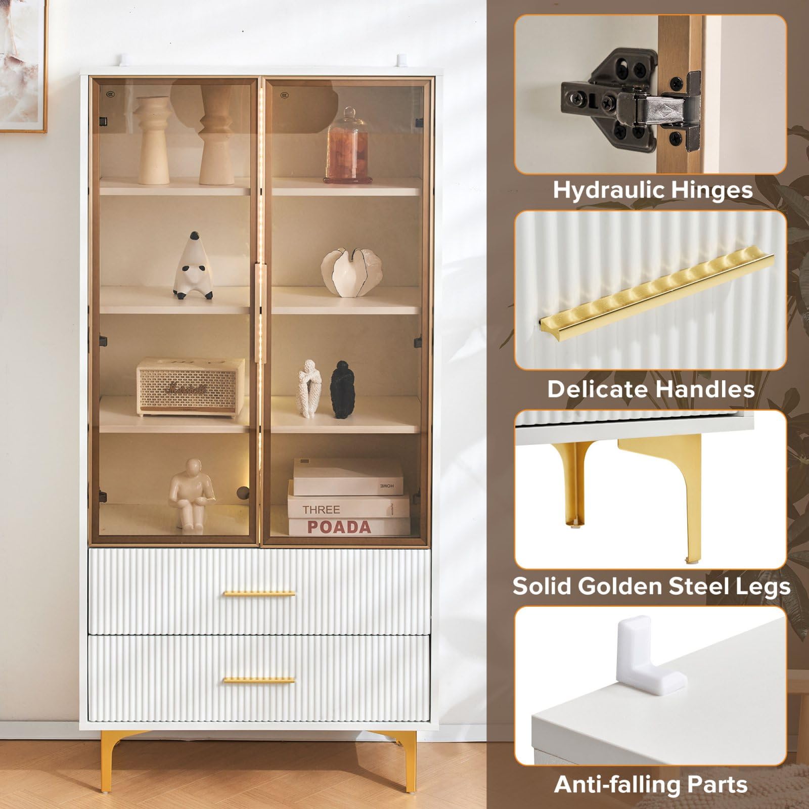 PUGSDRLY Armoire de Vitrine avec Lumières LED,Armoire Chambre avec Porte en Verre,Bibliotheque,Moderne Meubles de Rangement avec Tiroirs pour Cuisine Salon et Bureau,Blanc (B)